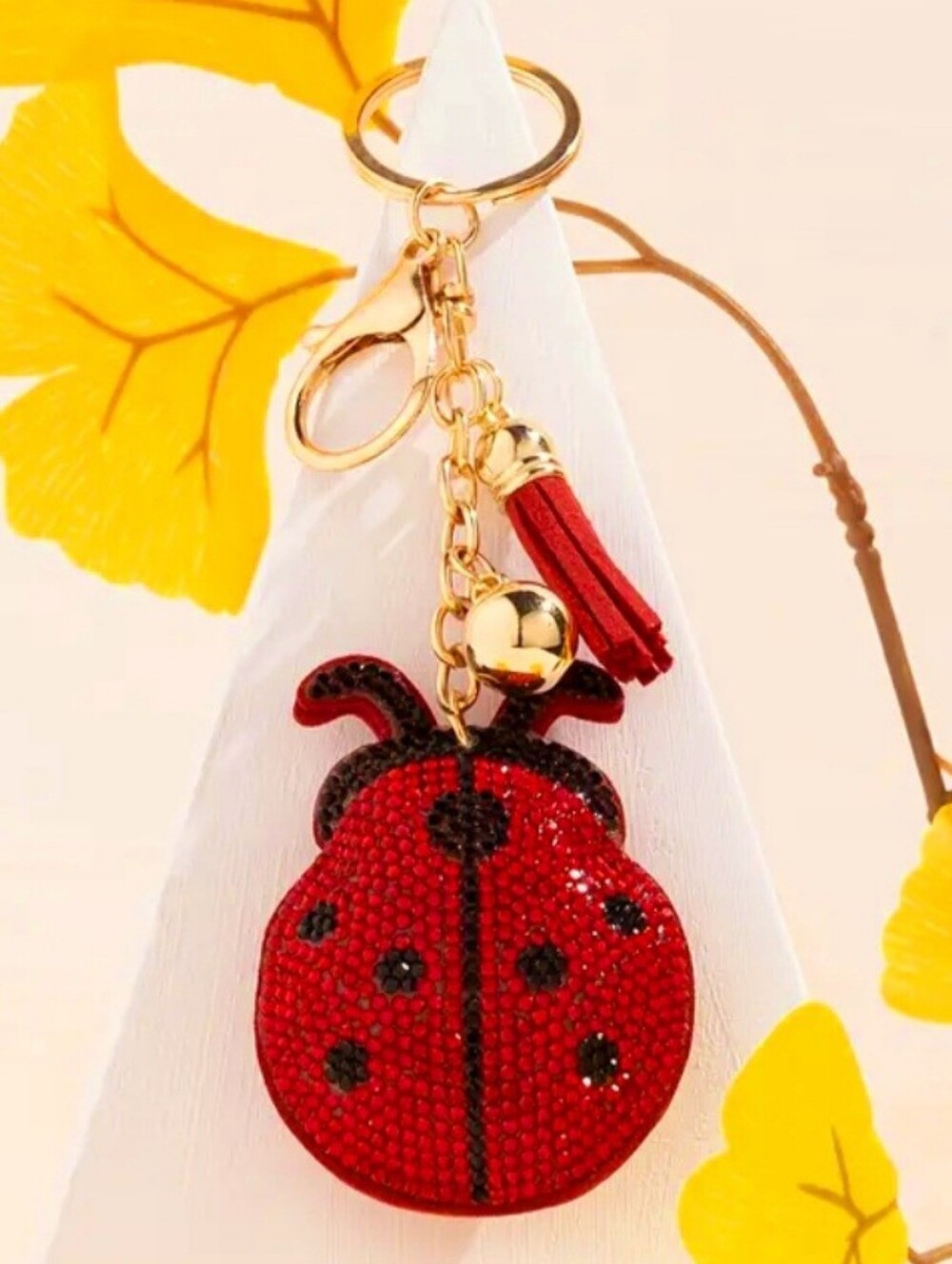 Ladybug Rhinestone Purse Charm Gold with Tassel